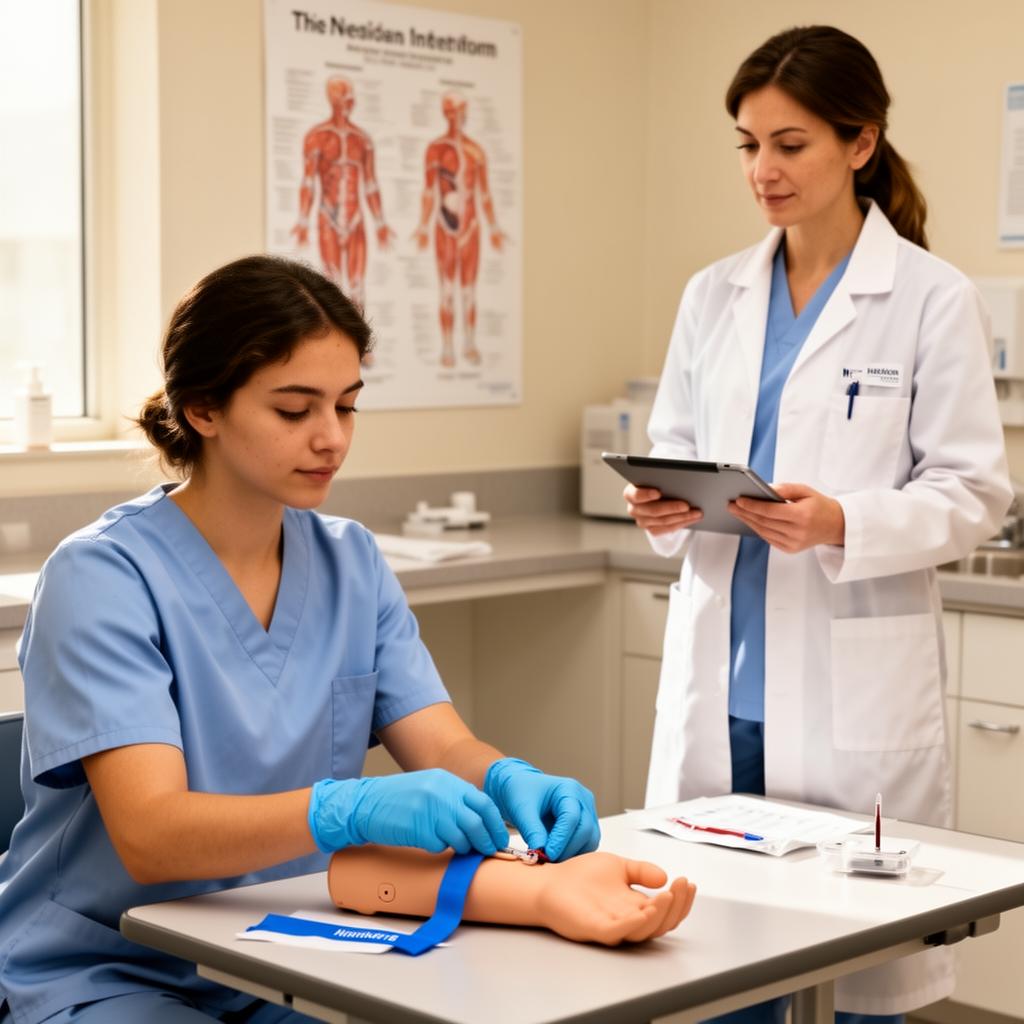 Allied health student in scrubs practicing a phlebotomy draw on a training arm while an instructor in a lab coat reviews technique on a tablet.