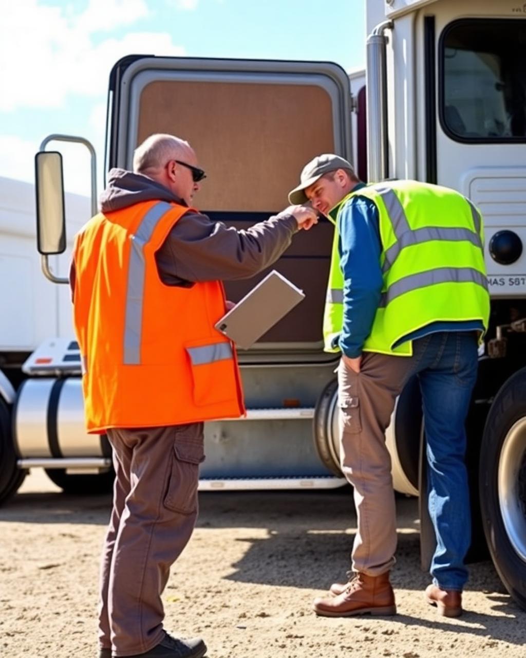 CDL instructor and student inspecting the coupling at the rear of a Class A tractor in a training yard.